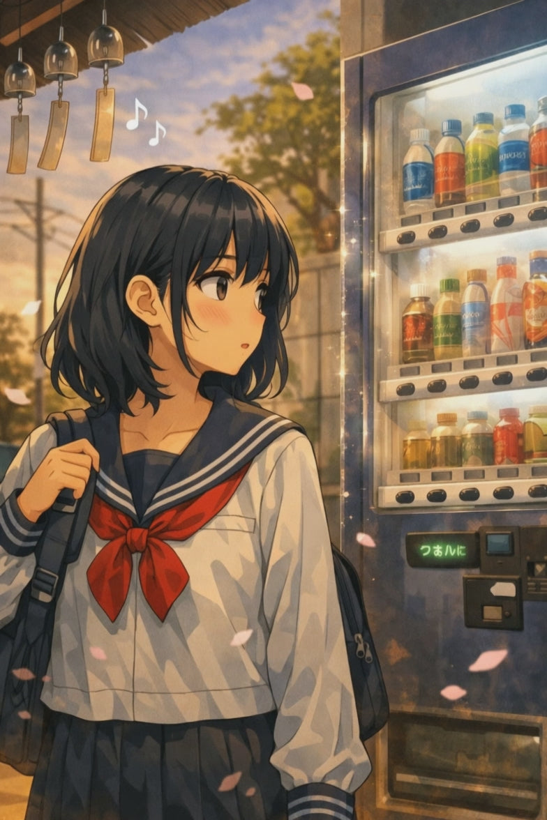 Wind chimes. Aoi notices a faint shimmer along a vending machine.  
