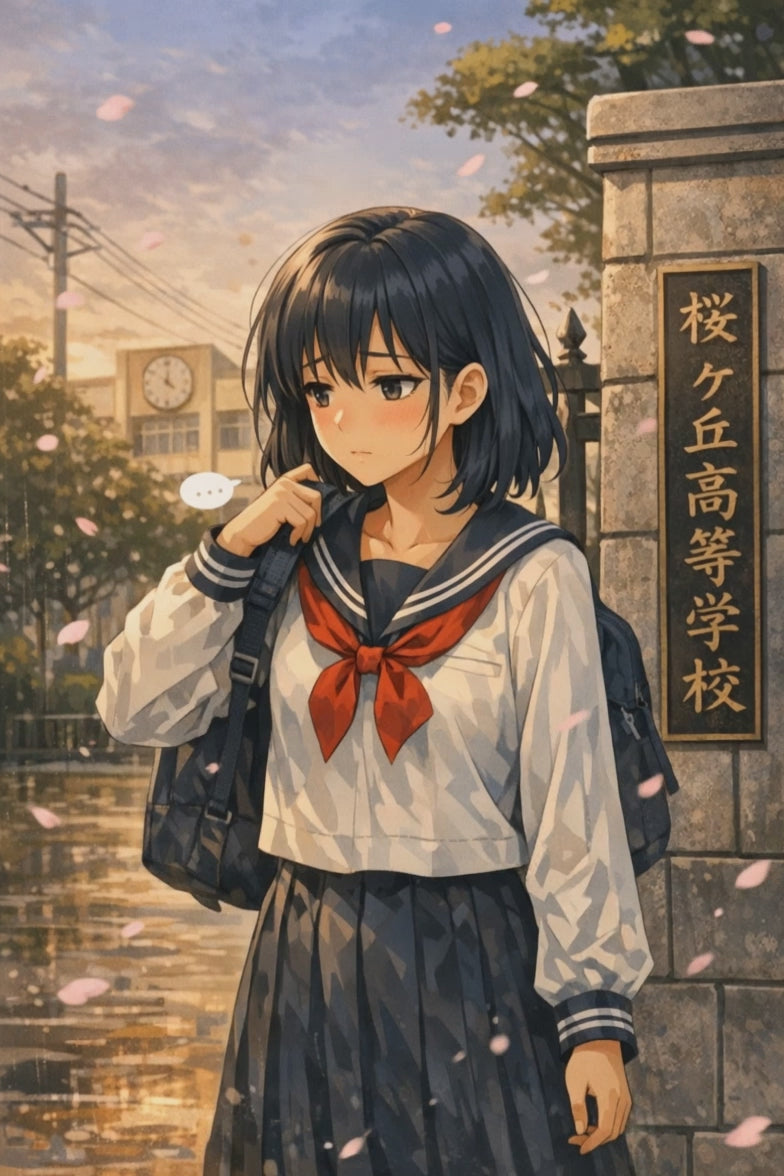 School gate. Aoi hesitates, backpack straps slip, she sighs.  
