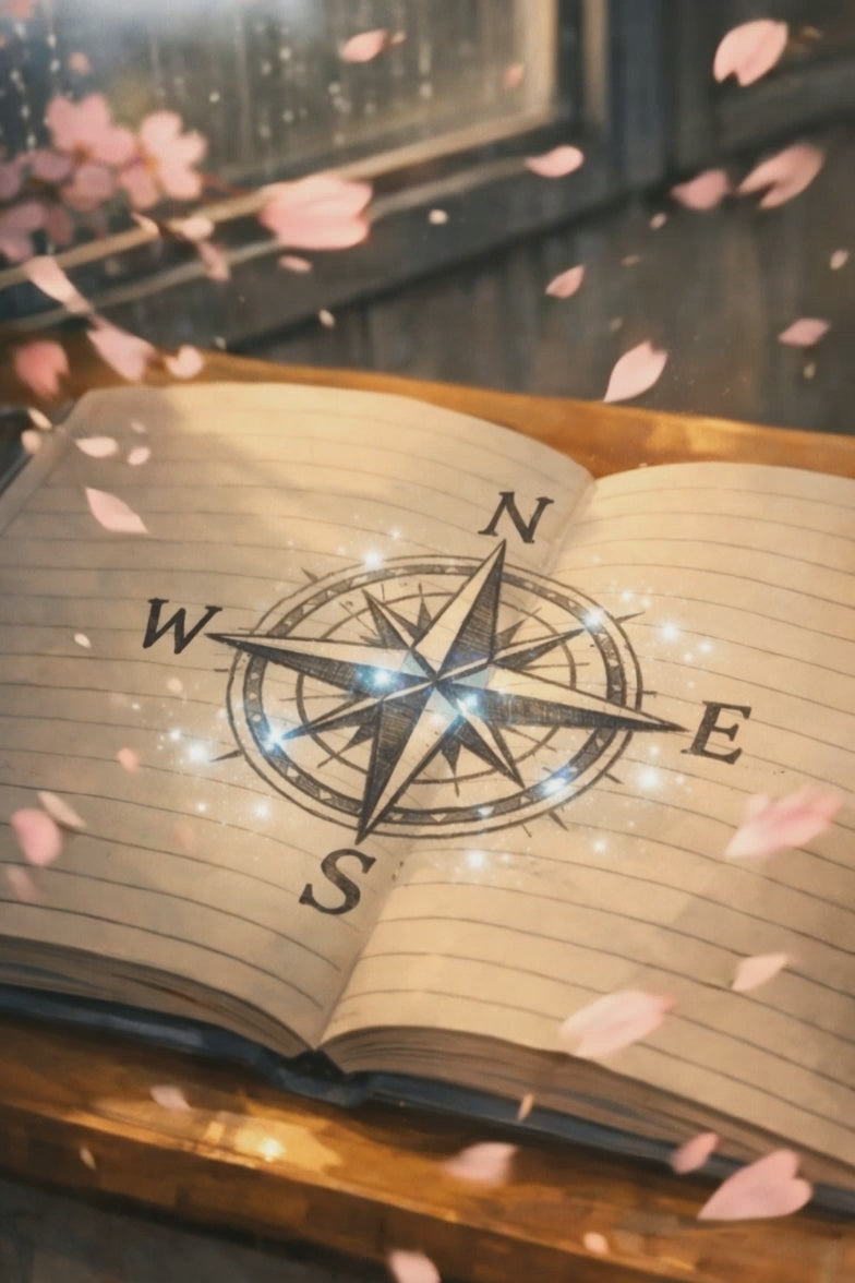 Compass drawing glows faintly as cherry blossom petals swirl outside.  
