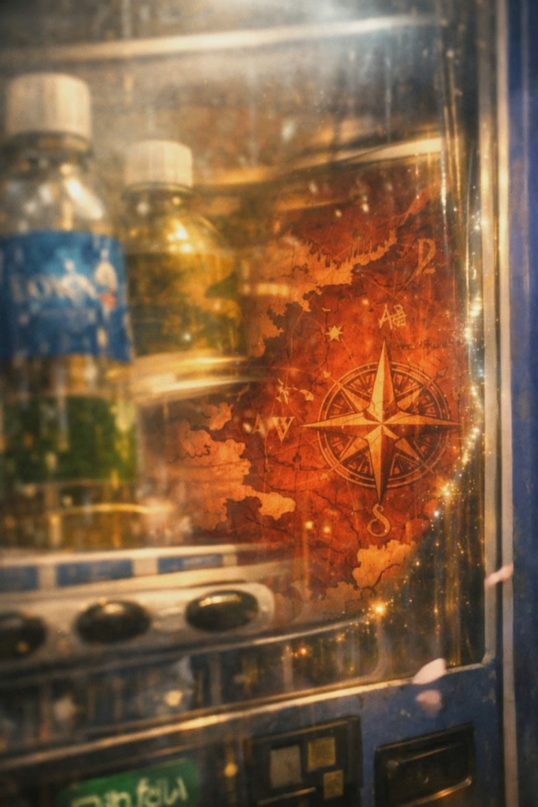 Vending machine glass distorts; a fragment of a crimson map appears.  
